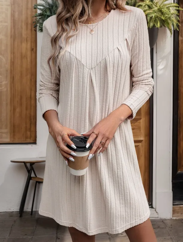 Women's Casual Dress Mini Dress Ribbed Date Streetwear Basic Crew Neck Long Sleeve Khaki Color