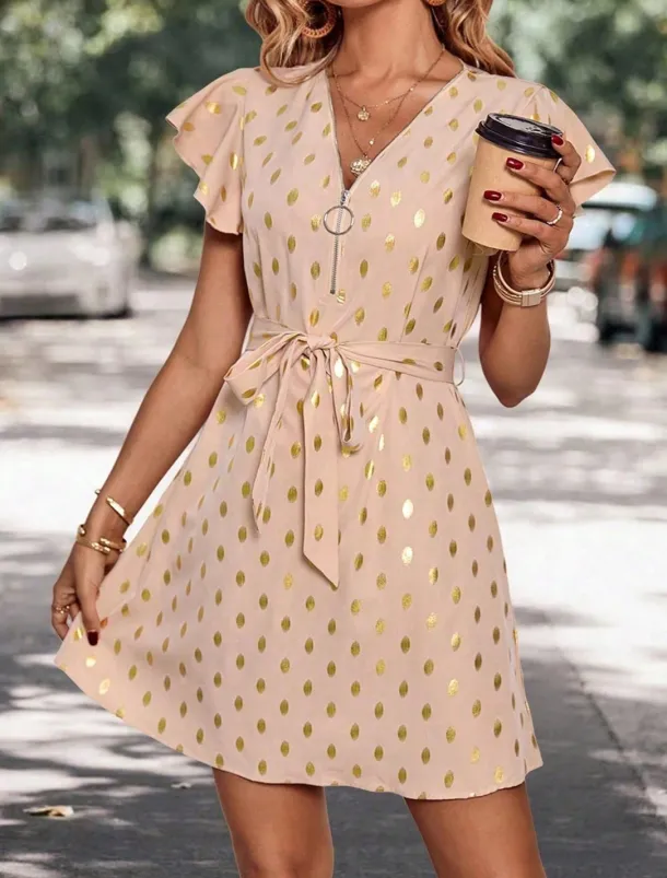 Women's Casual Dress Polka Dot Zipper Print V Neck Mini Dress Stylish Casual Daily Date Short Sleeve Summer