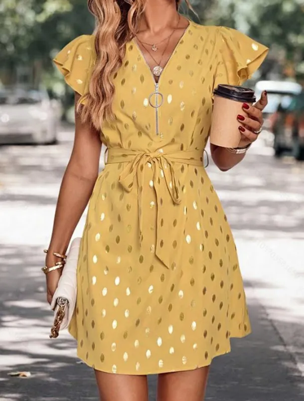 Women's Casual Dress Polka Dot Zipper Print V Neck Mini Dress Stylish Casual Daily Date Short Sleeve Summer