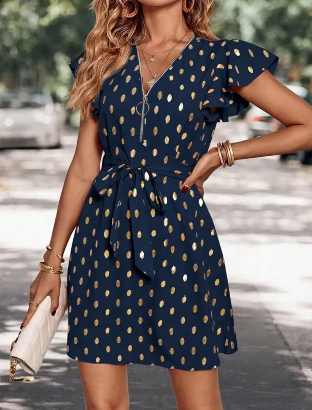 Women's Casual Dress Polka Dot Zipper Print V Neck Mini Dress Stylish Casual Daily Date Short Sleeve Summer