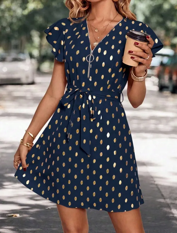 Women's Casual Dress Polka Dot Zipper Print V Neck Mini Dress Stylish Casual Daily Date Short Sleeve Summer