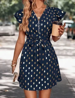 Women's Casual Dress Polka Dot Zipper Print V Neck Mini Dress Stylish Casual Daily Date Short Sleeve Summer