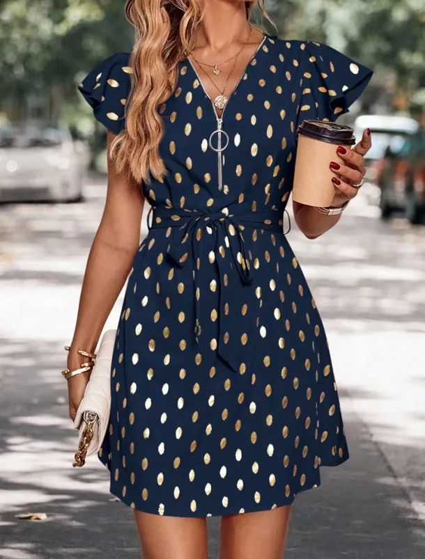 Women's Casual Dress Polka Dot Zipper Print V Neck Mini Dress Stylish Casual Daily Date Short Sleeve Summer