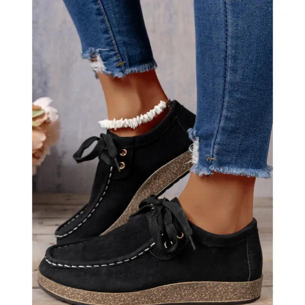 Women's Casual Grey Faux Suede Moccasins with Lace-Up Design and Cushioned Sole – Comfortable Loafers for Everyday Wear