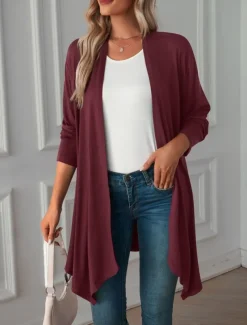 Women's Casual Jacket Breathable Comfortable Oversized Casual Plain Vacation Street Casual Daily Wear Open Front Long Collarless Regular Fit 3/4 Length Sleeve Outerwear White Pink Wine Summer Spring