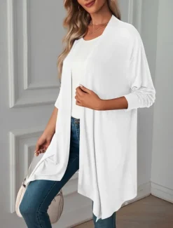 Women's Casual Jacket Breathable Comfortable Oversized Casual Plain Vacation Street Casual Daily Wear Open Front Long Collarless Regular Fit 3/4 Length Sleeve Outerwear White Pink Wine Summer Spring