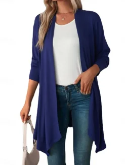 Women's Casual Jacket Breathable Comfortable Oversized Casual Plain Vacation Street Casual Daily Wear Open Front Long Collarless Regular Fit 3/4 Length Sleeve Outerwear White Pink Wine Summer Spring