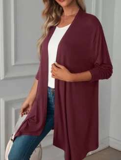 Women's Casual Jacket Breathable Comfortable Oversized Casual Plain Vacation Street Casual Daily Wear Open Front Long Collarless Regular Fit 3/4 Length Sleeve Outerwear White Pink Wine Summer Spring