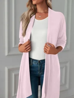 Women's Casual Jacket Breathable Comfortable Oversized Casual Plain Vacation Street Casual Daily Wear Open Front Long Collarless Regular Fit 3/4 Length Sleeve Outerwear White Pink Wine Summer Spring