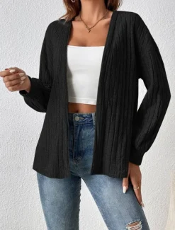 Women's Casual Jacket Breathable Comfortable Oversized Casual Plain Vacation Street Casual Daily Wear Open Front Regular Collarless Regular Fit Long Sleeve Outerwear Black Summer Spring