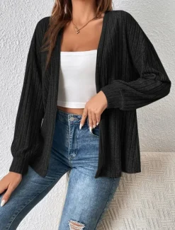 Women's Casual Jacket Breathable Comfortable Oversized Casual Plain Vacation Street Casual Daily Wear Open Front Regular Collarless Regular Fit Long Sleeve Outerwear Black Summer Spring