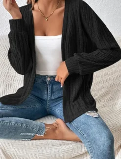 Women's Casual Jacket Breathable Comfortable Oversized Casual Plain Vacation Street Casual Daily Wear Open Front Regular Collarless Regular Fit Long Sleeve Outerwear Black Summer Spring