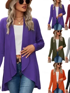 Women's Casual Jacket Breathable Comfortable Irregular Hem Casual Plain Vacation Street Casual Daily Wear Open Front Regular Shawl Collar Regular Fit Long Sleeve Outerwear Black Wine Purple Summer