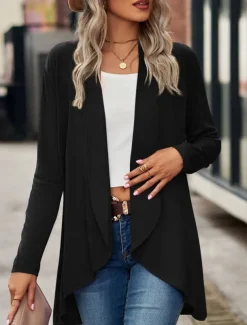 Women's Casual Jacket Breathable Comfortable Irregular Hem Casual Plain Vacation Street Casual Daily Wear Open Front Regular Shawl Collar Regular Fit Long Sleeve Outerwear Black Wine Purple Summer