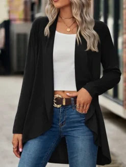 Women's Casual Jacket Breathable Comfortable Irregular Hem Casual Plain Vacation Street Casual Daily Wear Open Front Regular Shawl Collar Regular Fit Long Sleeve Outerwear Black Wine Purple Summer