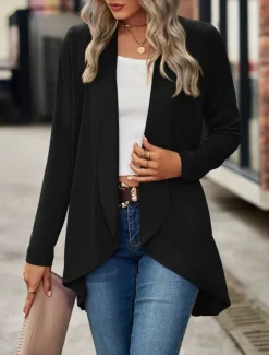 Women's Casual Jacket Breathable Comfortable Irregular Hem Casual Plain Vacation Street Casual Daily Wear Open Front Regular Shawl Collar Regular Fit Long Sleeve Outerwear Black Wine Purple Summer