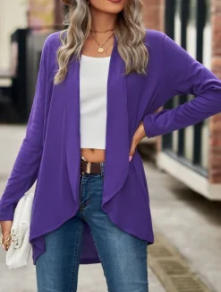 Women's Casual Jacket Breathable Comfortable Irregular Hem Casual Plain Vacation Street Casual Daily Wear Open Front Regular Shawl Collar Regular Fit Long Sleeve Outerwear Black Wine Purple Summer