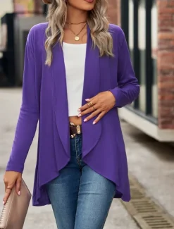 Women's Casual Jacket Breathable Comfortable Irregular Hem Casual Plain Vacation Street Casual Daily Wear Open Front Regular Shawl Collar Regular Fit Long Sleeve Outerwear Black Wine Purple Summer