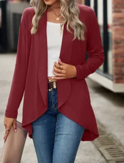 Women's Casual Jacket Breathable Comfortable Irregular Hem Casual Plain Vacation Street Casual Daily Wear Open Front Regular Shawl Collar Regular Fit Long Sleeve Outerwear Black Wine Purple Summer