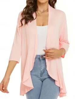 Women's Casual Jacket Breathable Comfortable Ruffle Casual Plain Vacation Street Casual Daily Wear Open Front Regular Collarless Regular Fit Long Sleeve Outerwear White Pink Navy Blue Summer Spring