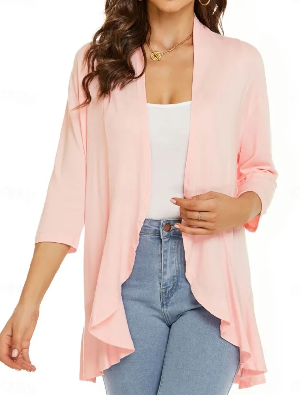 Women's Casual Jacket Breathable Comfortable Ruffle Casual Plain Vacation Street Casual Daily Wear Open Front Regular Collarless Regular Fit Long Sleeve Outerwear White Pink Navy Blue Summer Spring