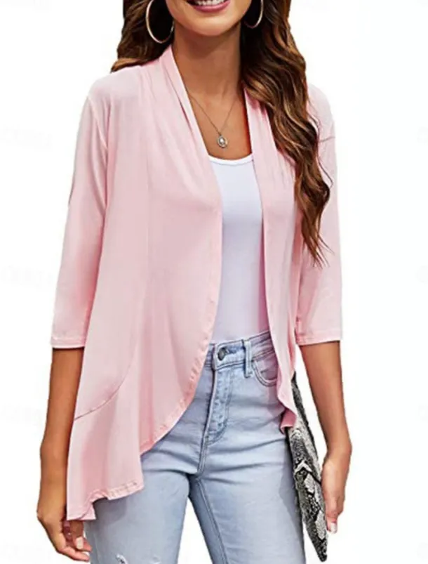 Women's Casual Jacket Breathable Comfortable Ruffle Casual Plain Vacation Street Casual Daily Wear Open Front Regular Collarless Regular Fit Long Sleeve Outerwear White Pink Navy Blue Summer Spring