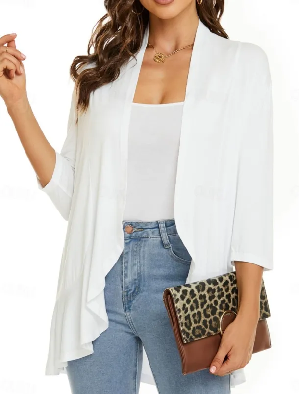 Women's Casual Jacket Breathable Comfortable Ruffle Casual Plain Vacation Street Casual Daily Wear Open Front Regular Collarless Regular Fit Long Sleeve Outerwear White Pink Navy Blue Summer Spring