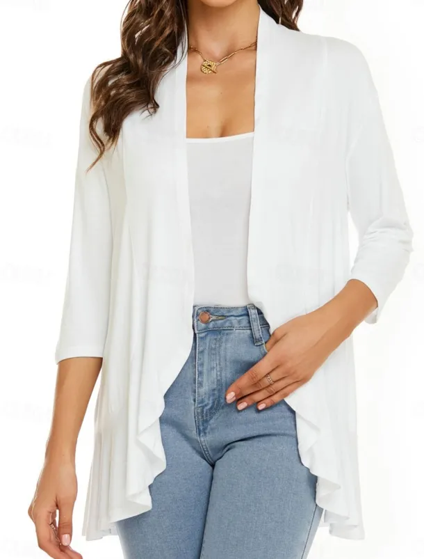 Women's Casual Jacket Breathable Comfortable Ruffle Casual Plain Vacation Street Casual Daily Wear Open Front Regular Collarless Regular Fit Long Sleeve Outerwear White Pink Navy Blue Summer Spring