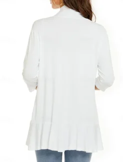 Women's Casual Jacket Breathable Comfortable Ruffle Casual Plain Vacation Street Casual Daily Wear Open Front Regular Collarless Regular Fit Long Sleeve Outerwear White Pink Navy Blue Summer Spring