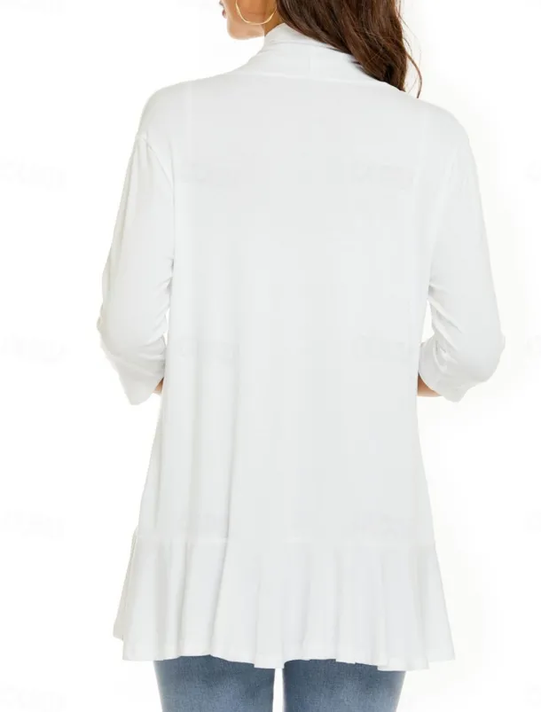 Women's Casual Jacket Breathable Comfortable Ruffle Casual Plain Vacation Street Casual Daily Wear Open Front Regular Collarless Regular Fit Long Sleeve Outerwear White Pink Navy Blue Summer Spring