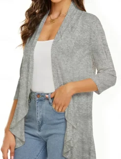 Women's Casual Jacket Breathable Comfortable Ruffle Casual Plain Vacation Street Casual Daily Wear Open Front Regular Collarless Regular Fit Long Sleeve Outerwear White Pink Navy Blue Summer Spring