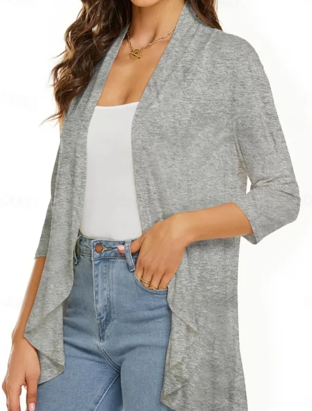 Women's Casual Jacket Breathable Comfortable Ruffle Casual Plain Vacation Street Casual Daily Wear Open Front Regular Collarless Regular Fit Long Sleeve Outerwear White Pink Navy Blue Summer Spring