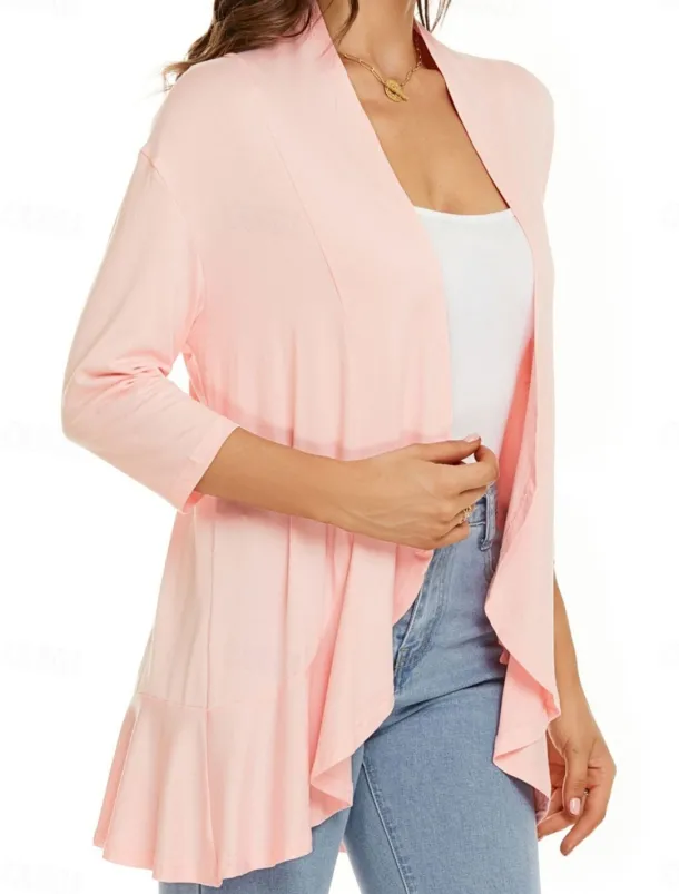 Women's Casual Jacket Breathable Comfortable Ruffle Casual Plain Vacation Street Casual Daily Wear Open Front Regular Collarless Regular Fit Long Sleeve Outerwear White Pink Navy Blue Summer Spring