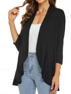 Women's Casual Jacket Breathable Comfortable Ruffle Casual Plain Vacation Street Casual Daily Wear Open Front Regular Collarless Regular Fit Long Sleeve Outerwear White Pink Navy Blue Summer Spring