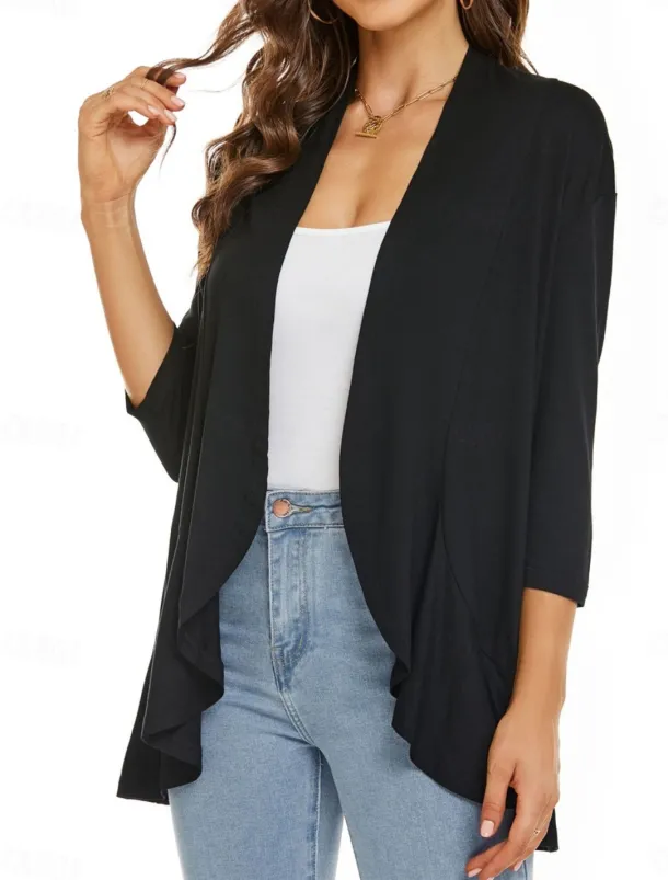 Women's Casual Jacket Breathable Comfortable Ruffle Casual Plain Vacation Street Casual Daily Wear Open Front Regular Collarless Regular Fit Long Sleeve Outerwear White Pink Navy Blue Summer Spring