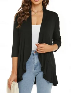 Women's Casual Jacket Breathable Comfortable Ruffle Casual Plain Vacation Street Casual Daily Wear Open Front Regular Collarless Regular Fit Long Sleeve Outerwear White Pink Navy Blue Summer Spring