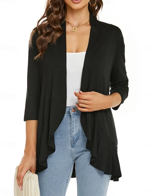 Women's Casual Jacket Breathable Comfortable Ruffle Casual Plain Vacation Street Casual Daily Wear Open Front Regular Collarless Regular Fit Long Sleeve Outerwear White Pink Navy Blue Summer Spring