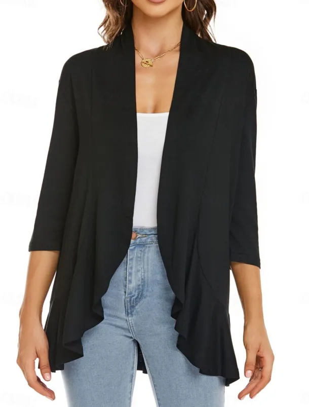 Women's Casual Jacket Breathable Comfortable Ruffle Casual Plain Vacation Street Casual Daily Wear Open Front Regular Collarless Regular Fit Long Sleeve Outerwear White Pink Navy Blue Summer Spring