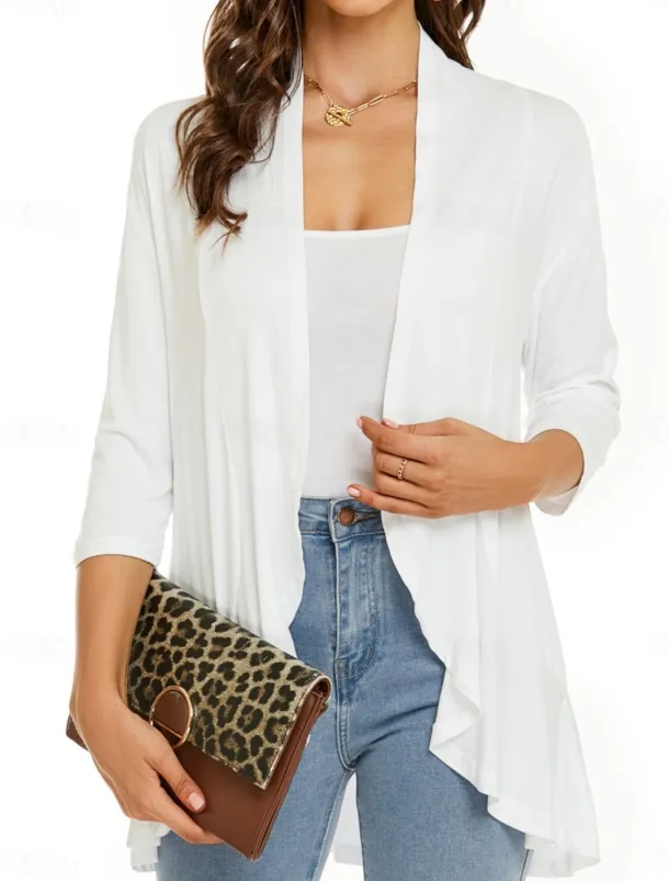 Women's Casual Jacket Breathable Comfortable Ruffle Casual Plain Vacation Street Casual Daily Wear Open Front Regular Collarless Regular Fit Long Sleeve Outerwear White Pink Navy Blue Summer Spring