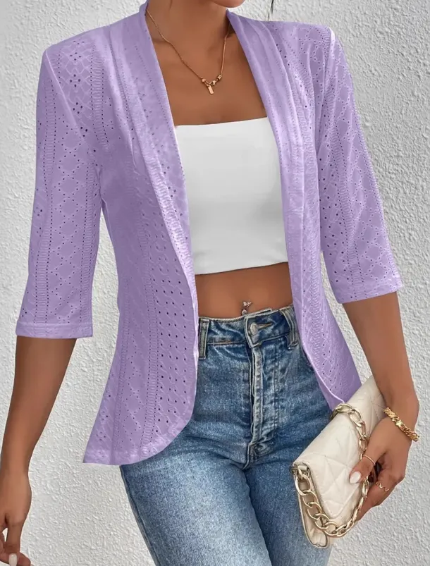 Women's Casual Jacket Breathable Quick Dry Lace Casual Office / Career Collarless Regular Fit 3/4 Length Sleeve Outerwear Black White Violet Spring Fall