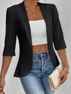 Women's Casual Jacket Breathable Quick Dry Lace Casual Office / Career Collarless Regular Fit 3/4 Length Sleeve Outerwear Black White Violet Spring Fall