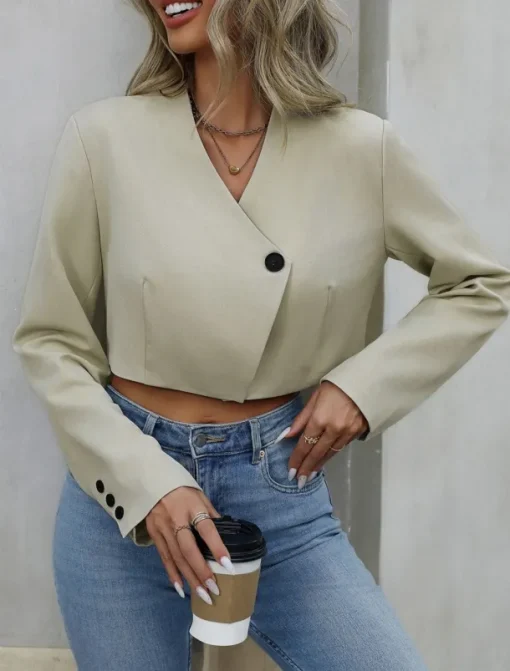Women's Casual Jacket Breathable Comfortable Adjustable Casual Plain Vacation Street Casual Daily Wear Single Breasted Short V Neck Regular Fit Long Sleeve Outerwear Apricot Summer Spring