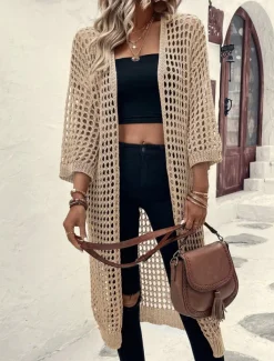 Women's Casual Jacket Breathable Comfortable Cut Out Casual Plain Vacation Street Casual Daily Wear Open Front Long Collarless Regular Fit 3/4 Length Sleeve Outerwear Black Apricot Spring