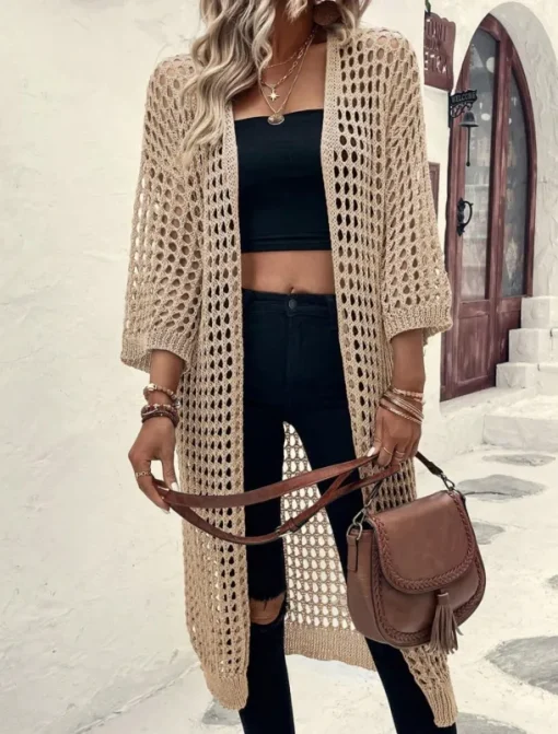 Women's Casual Jacket Breathable Comfortable Cut Out Casual Plain Vacation Street Casual Daily Wear Open Front Long Collarless Regular Fit 3/4 Length Sleeve Outerwear Black Apricot Spring
