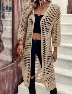 Women's Casual Jacket Breathable Comfortable Cut Out Casual Plain Vacation Street Casual Daily Wear Open Front Long Collarless Regular Fit 3/4 Length Sleeve Outerwear Black Apricot Spring