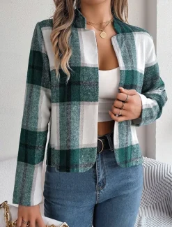 Women's Casual Jacket Comfortable Breathable Print Casual Plaid Vacation Street Daily Wear Going out Open Front Short Stand Collar Regular Fit Long Sleeve Outerwear Navy Red Green Summer Spring
