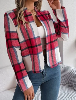 Women's Casual Jacket Comfortable Breathable Print Casual Plaid Vacation Street Daily Wear Going out Open Front Short Stand Collar Regular Fit Long Sleeve Outerwear Navy Red Green Summer Spring