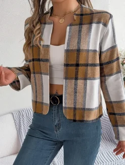 Women's Casual Jacket Comfortable Breathable Print Casual Plaid Vacation Street Daily Wear Going out Open Front Short Stand Collar Regular Fit Long Sleeve Outerwear Navy Red Green Summer Spring