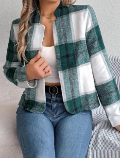 Women's Casual Jacket Comfortable Breathable Print Casual Plaid Vacation Street Daily Wear Going out Open Front Short Stand Collar Regular Fit Long Sleeve Outerwear Navy Red Green Summer Spring