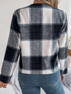 Women's Casual Jacket Comfortable Breathable Print Casual Plaid Vacation Street Daily Wear Going out Open Front Short Stand Collar Regular Fit Long Sleeve Outerwear Navy Red Green Summer Spring